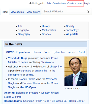 Create an account button on Wikipedia