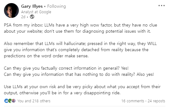 Gary Illyes: AI와 LLM 도구는 실망스러운 SEO 결과를 초래할 위험이 있습니다.